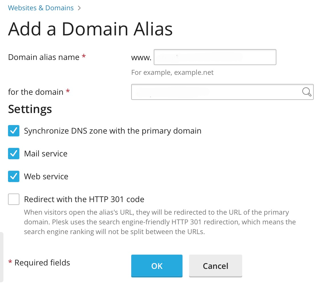 Plesk domain alias configuration example