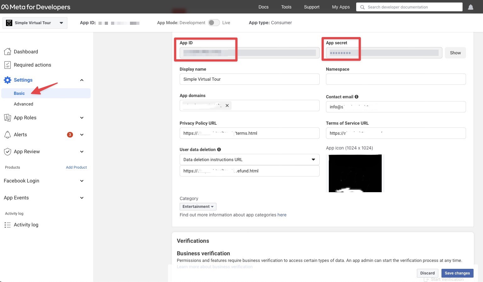 Facebook App Settings - Basic