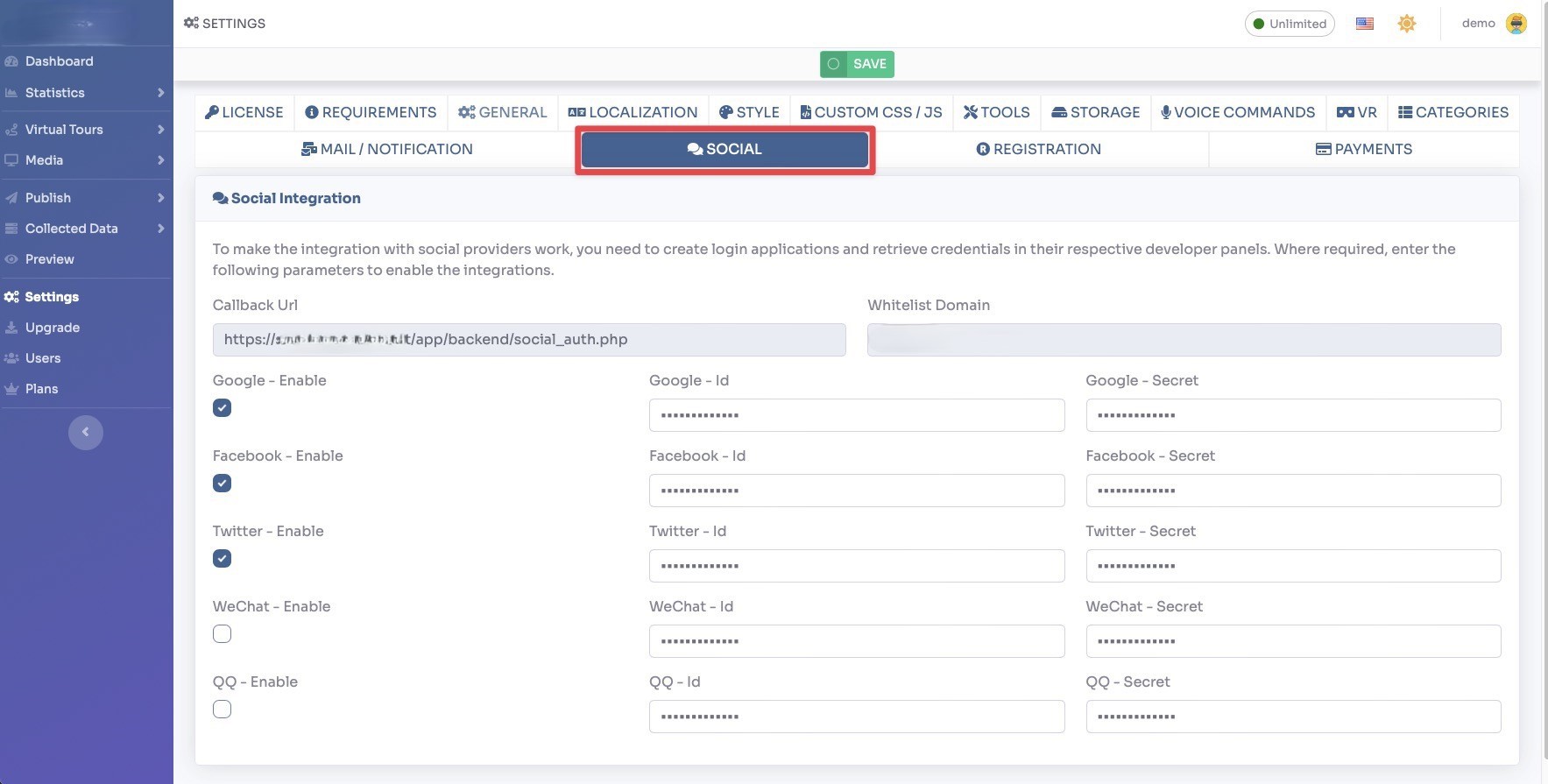 Social login settings tab