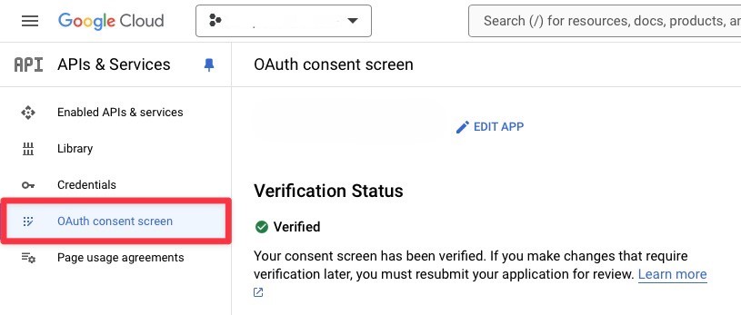 OAuth consent screen menu