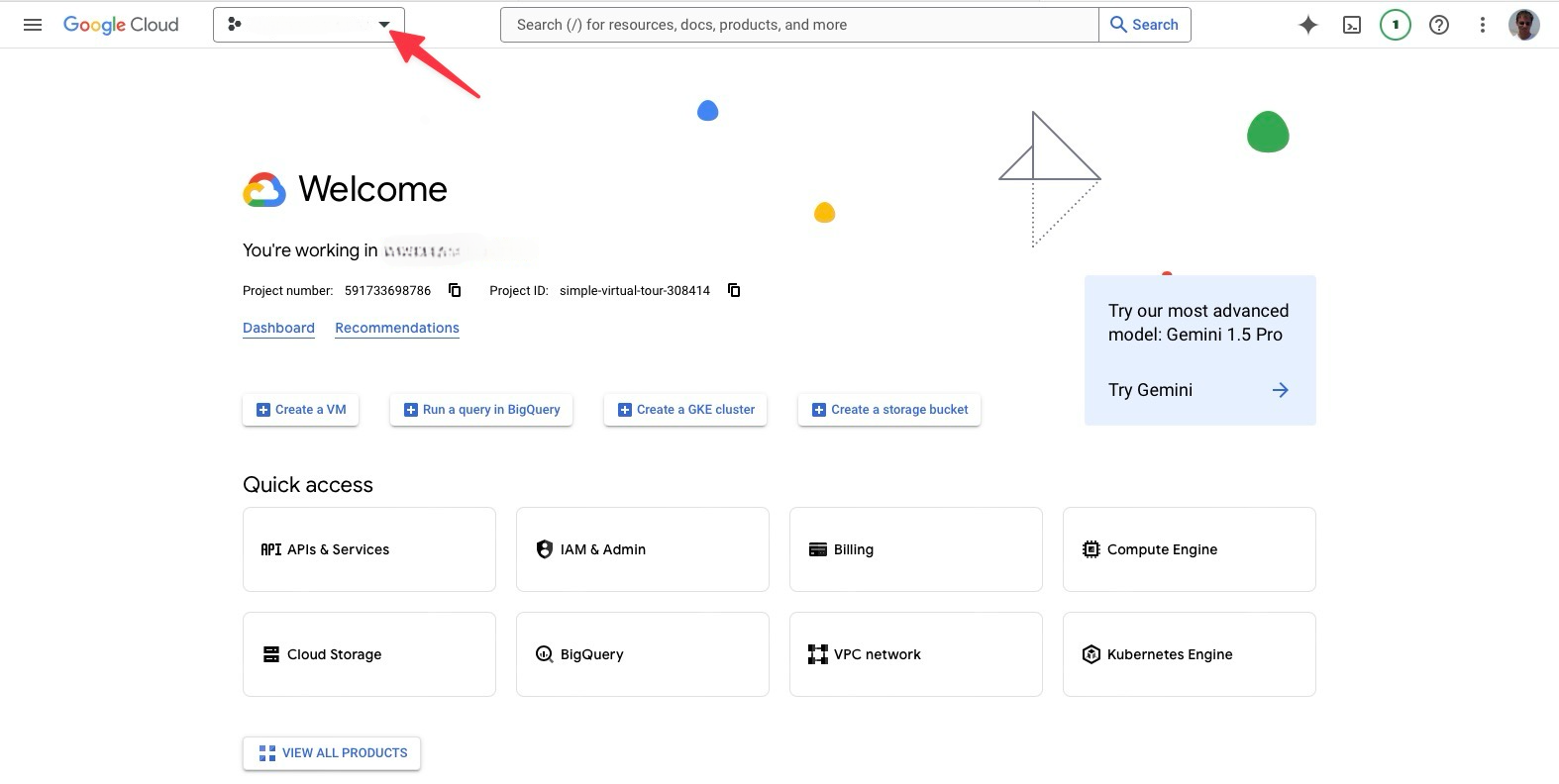 Google Cloud New Project drop-down