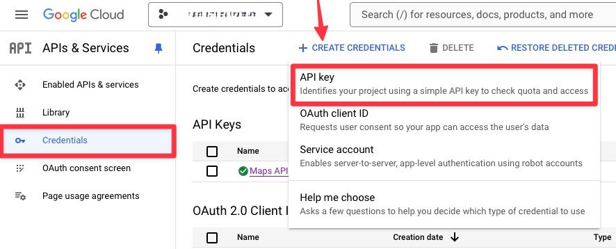 Select API key from drop-down