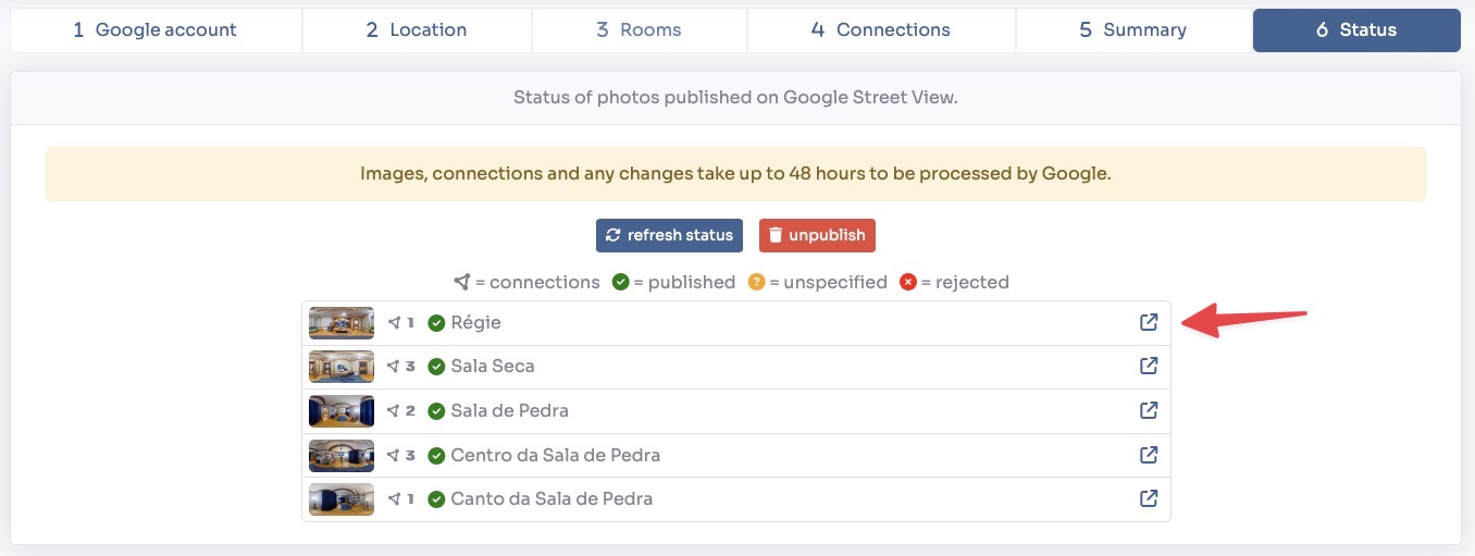 Publication status and links per room
