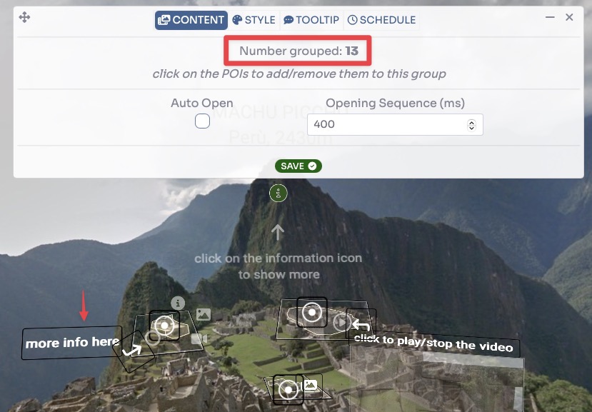 Click POIs to group them - counter increases and selected POIs highlight