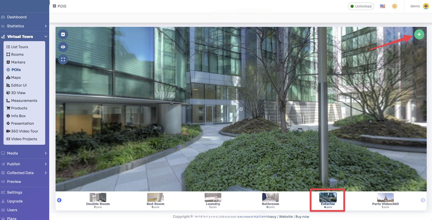 POIs - select room and click + button top right