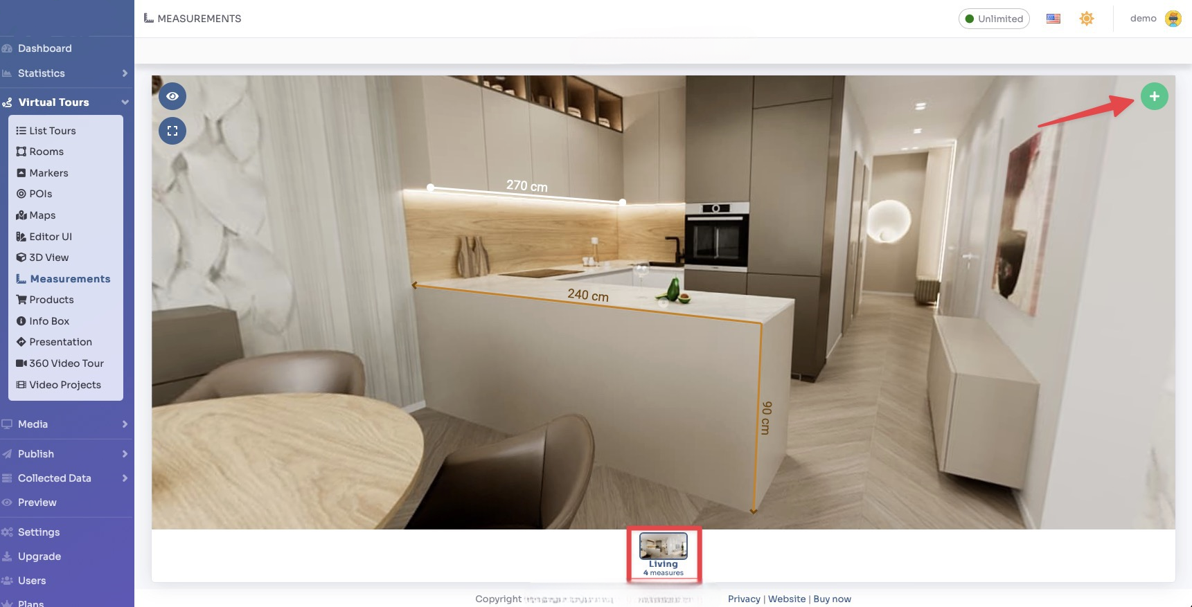 Measurements - select room and click + button