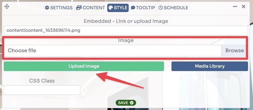 Embedded image - Browse, Upload Image, then Save