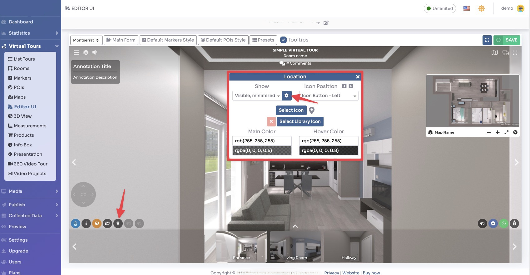 Editor UI - click Location icon then gear button