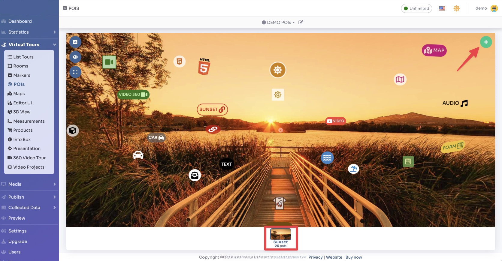 POIs - select room and click + button top right