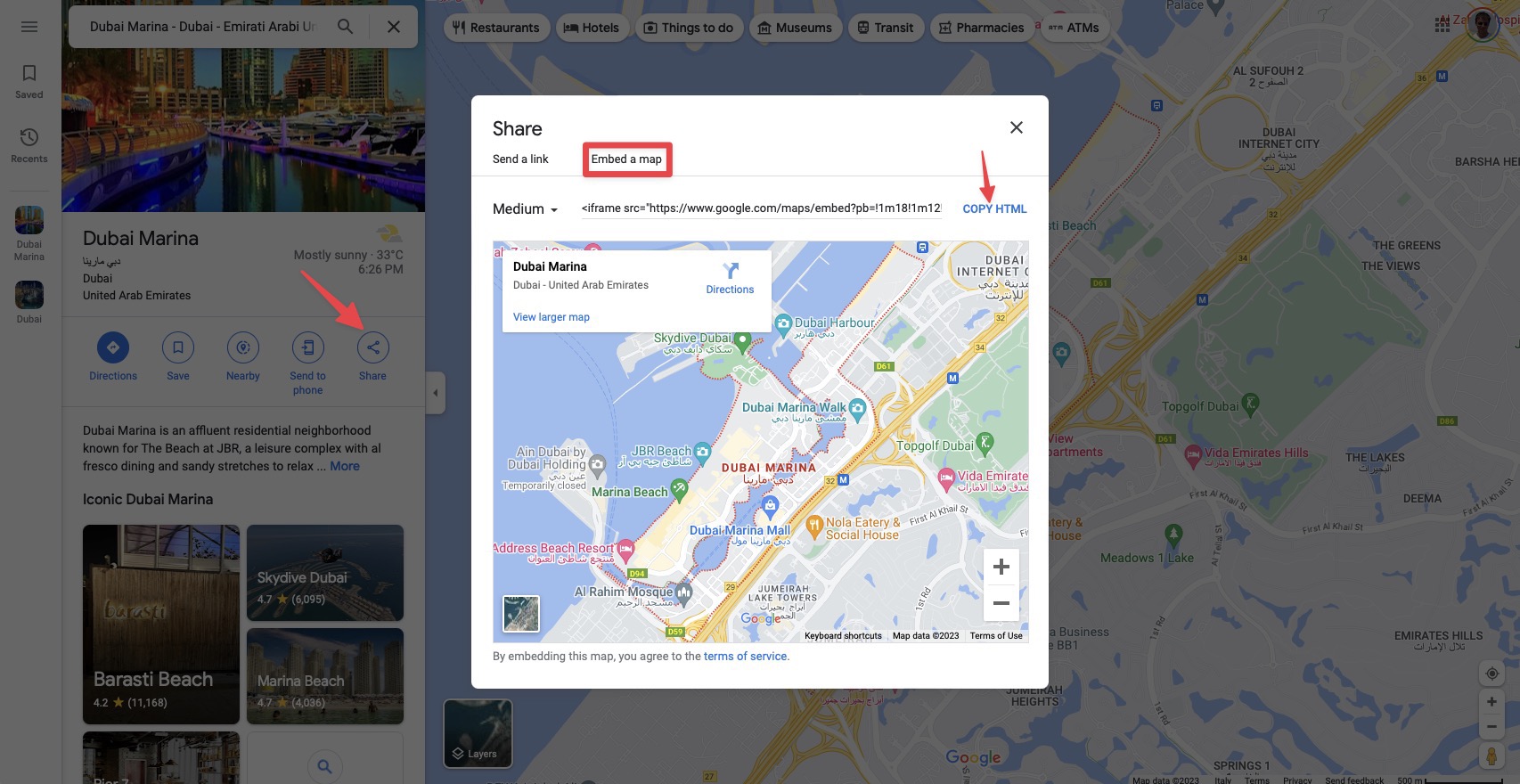 Google Maps - Share > Embed Maps tab > Copy HTML button