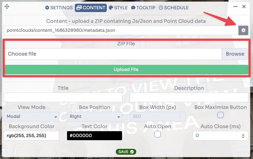 Point Clouds - upload ZIP file and click gear to configure