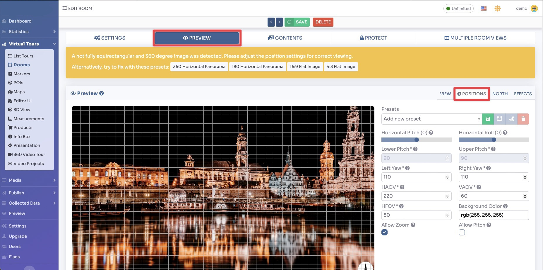 Room settings for partial panorama