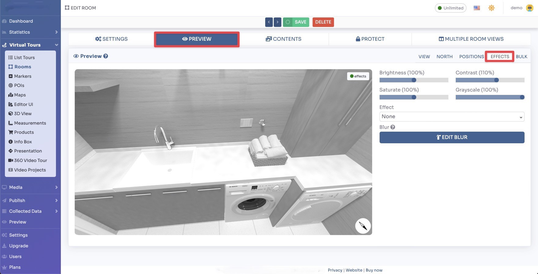 Room edit - Effects tab