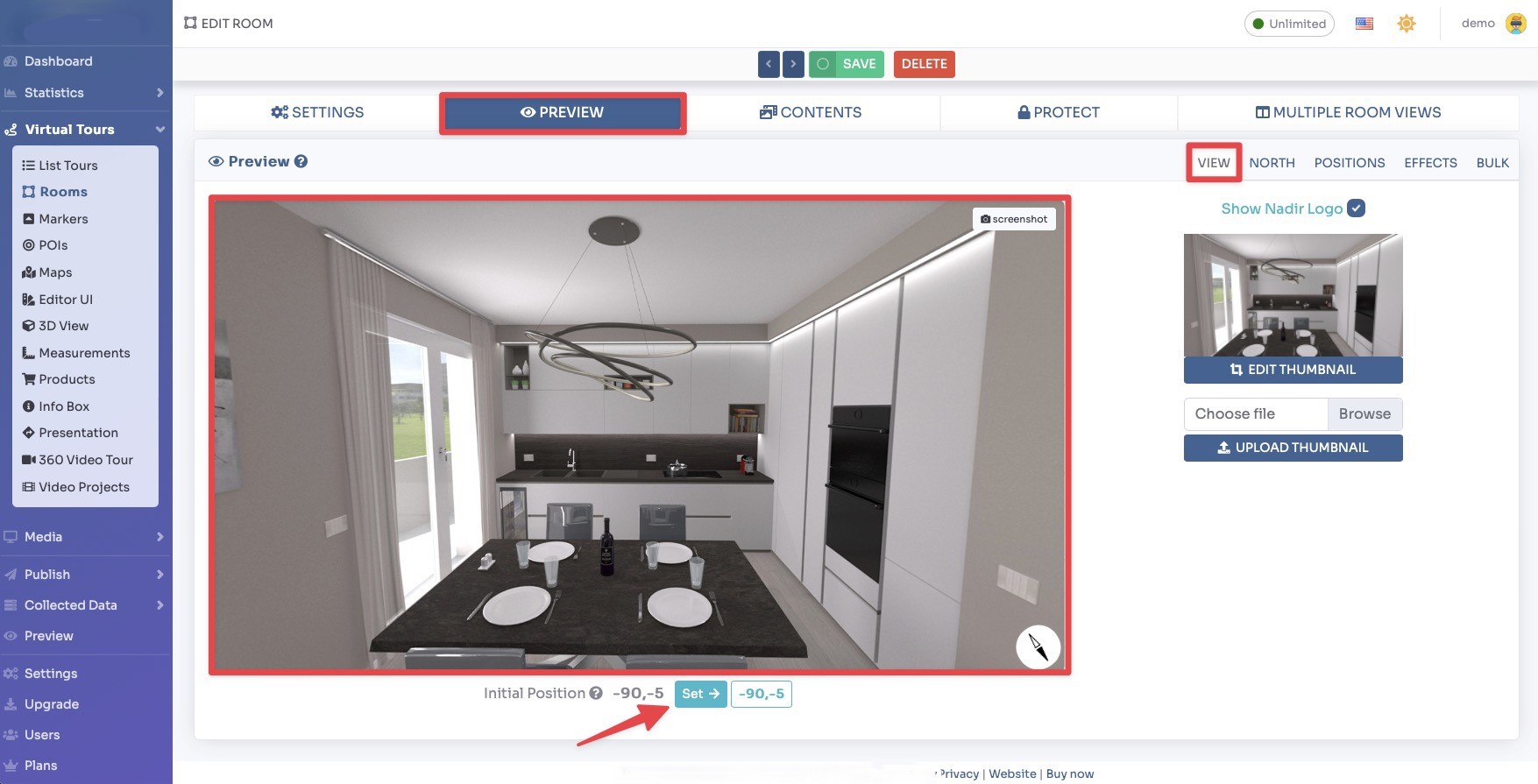 Room initial position settings