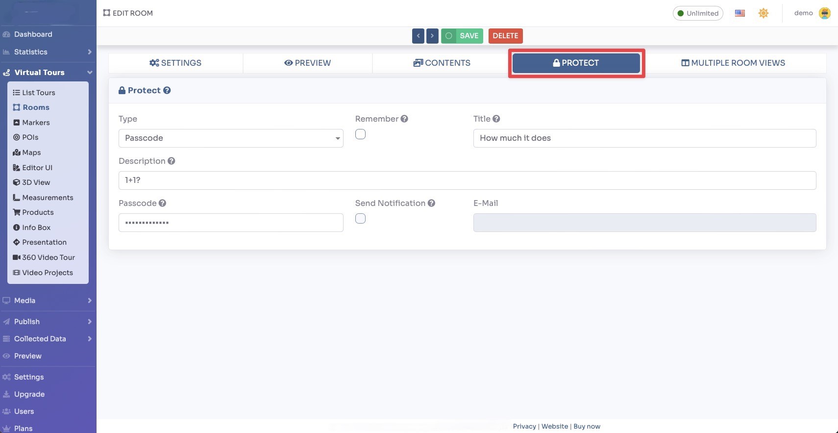 Room protection settings