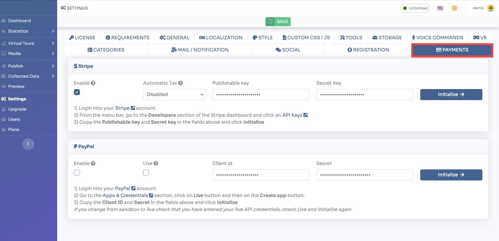 Settings Payments tab