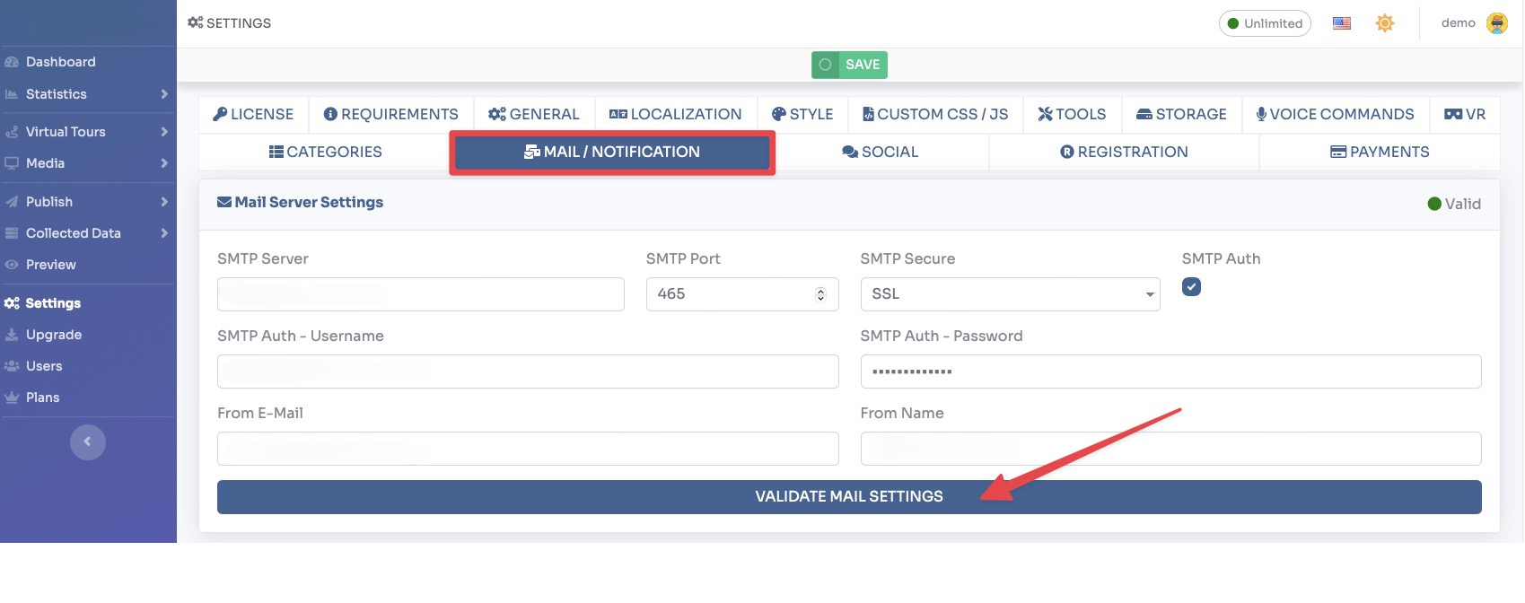 Registration options settings