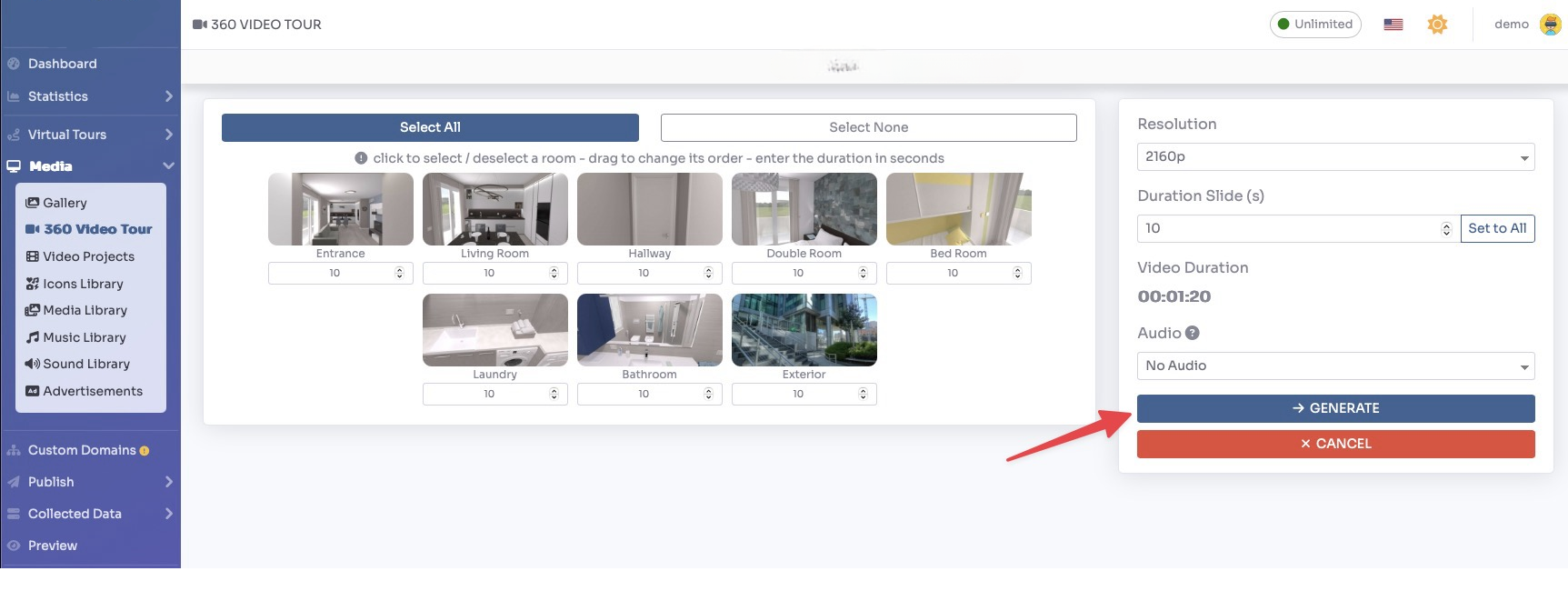 Select rooms and set duration for 360 Video Tour