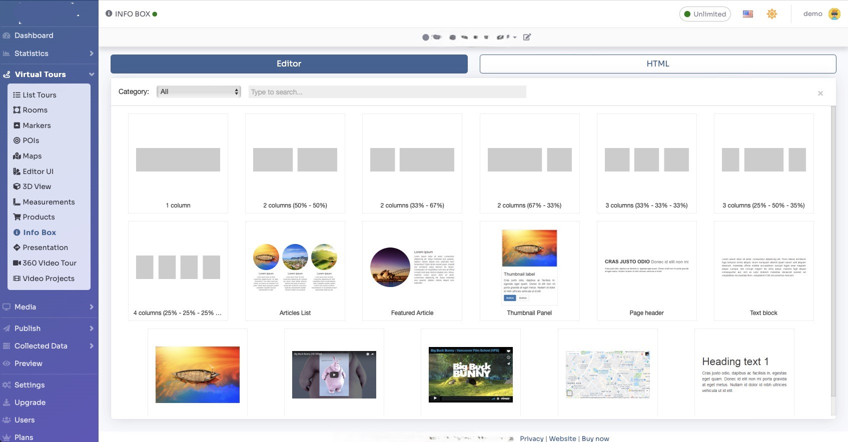 List of items available to insert into the information box