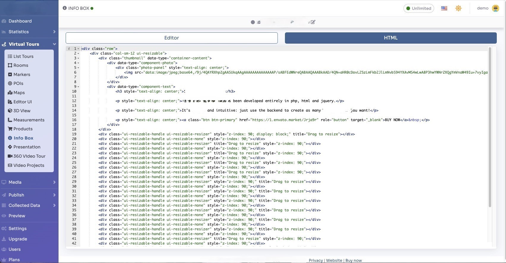 HTML mode code editor for Information Box