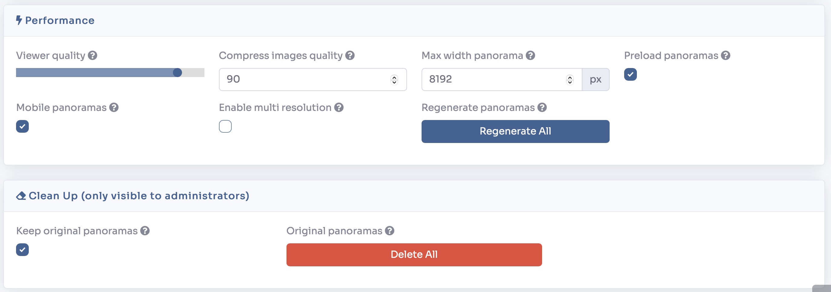 Tour settings - Performance section for panorama quality