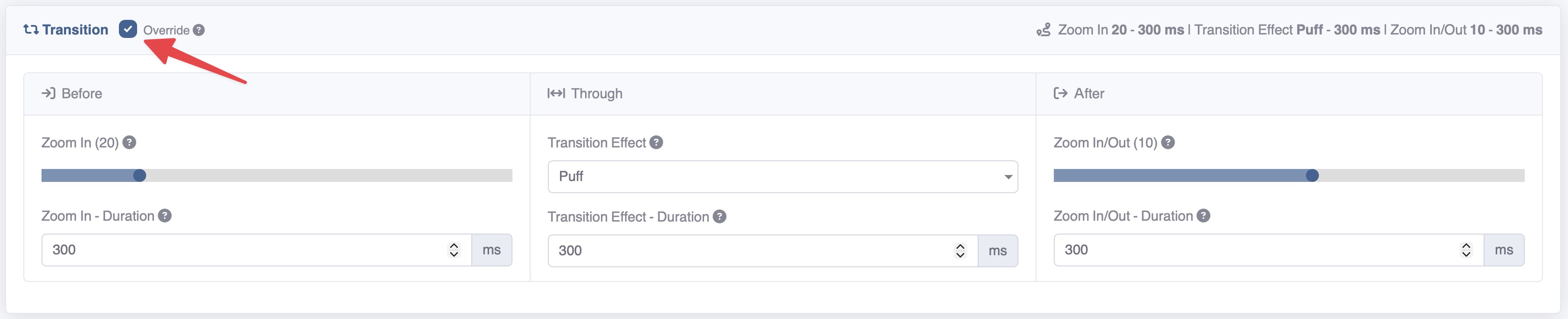 Room settings - Transition section with Override button