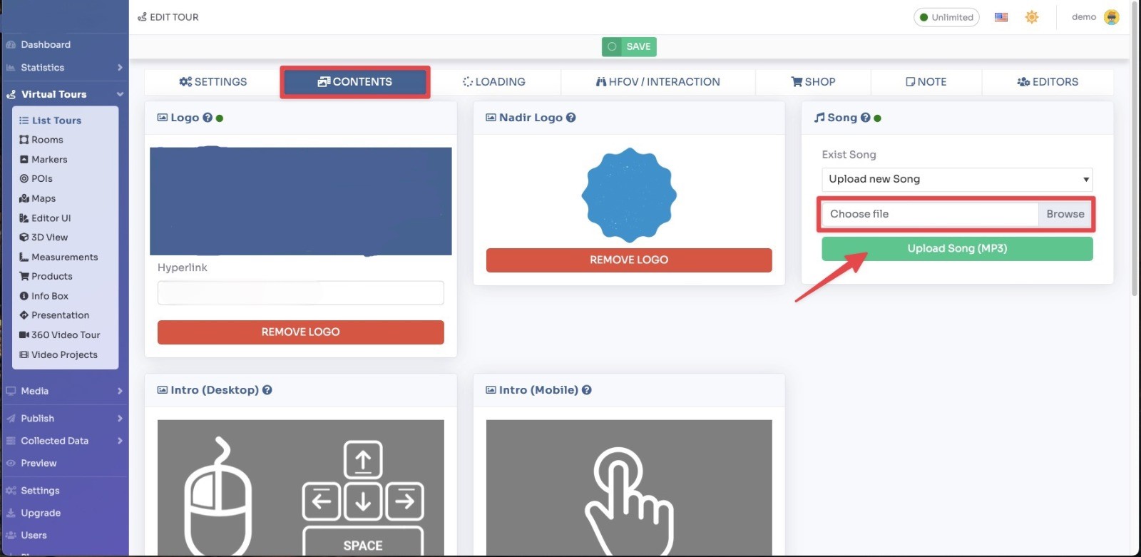 Tour settings - Contents / Nadir Logo tab