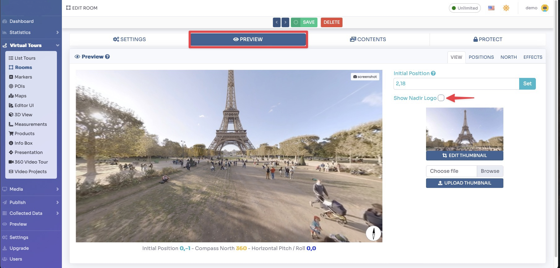 Room Preview tab - Show Nadir logo toggle