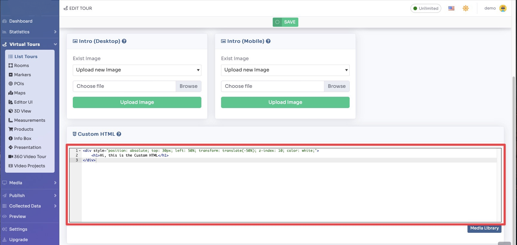 Contents / Custom HTML tab - HTML code editor