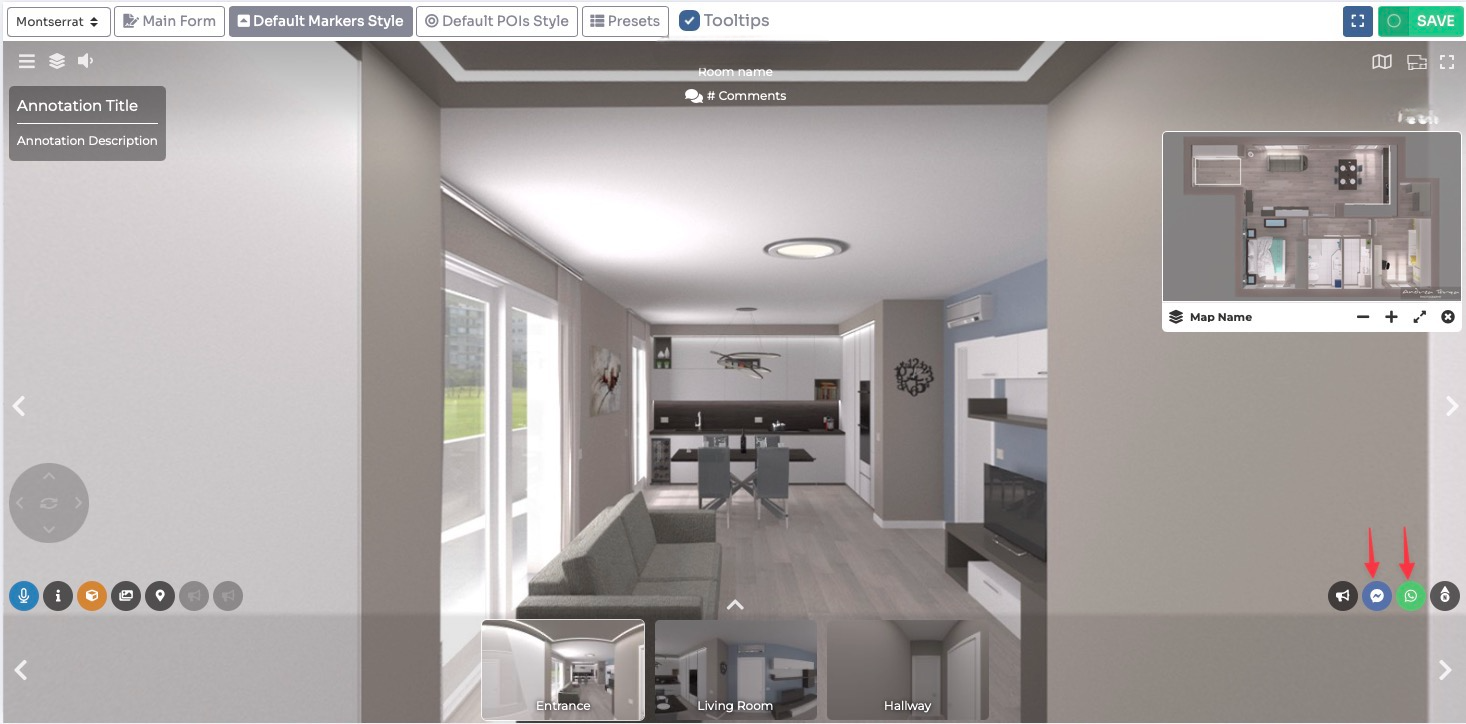 Editor UI - Facebook and Whatsapp messenger icons in lower right corner