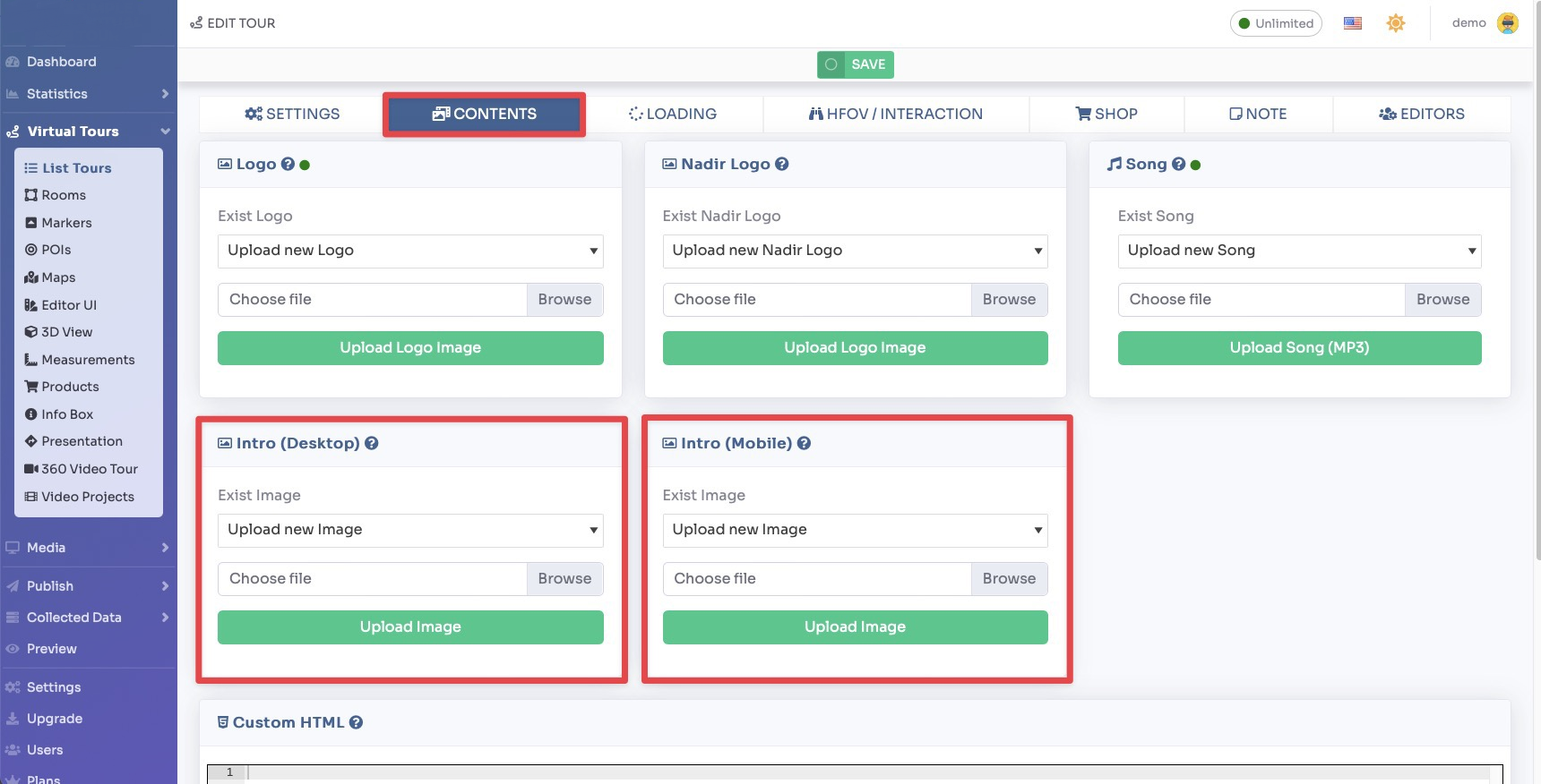 Tour settings - Content / Intro tab for Desktop and Mobile