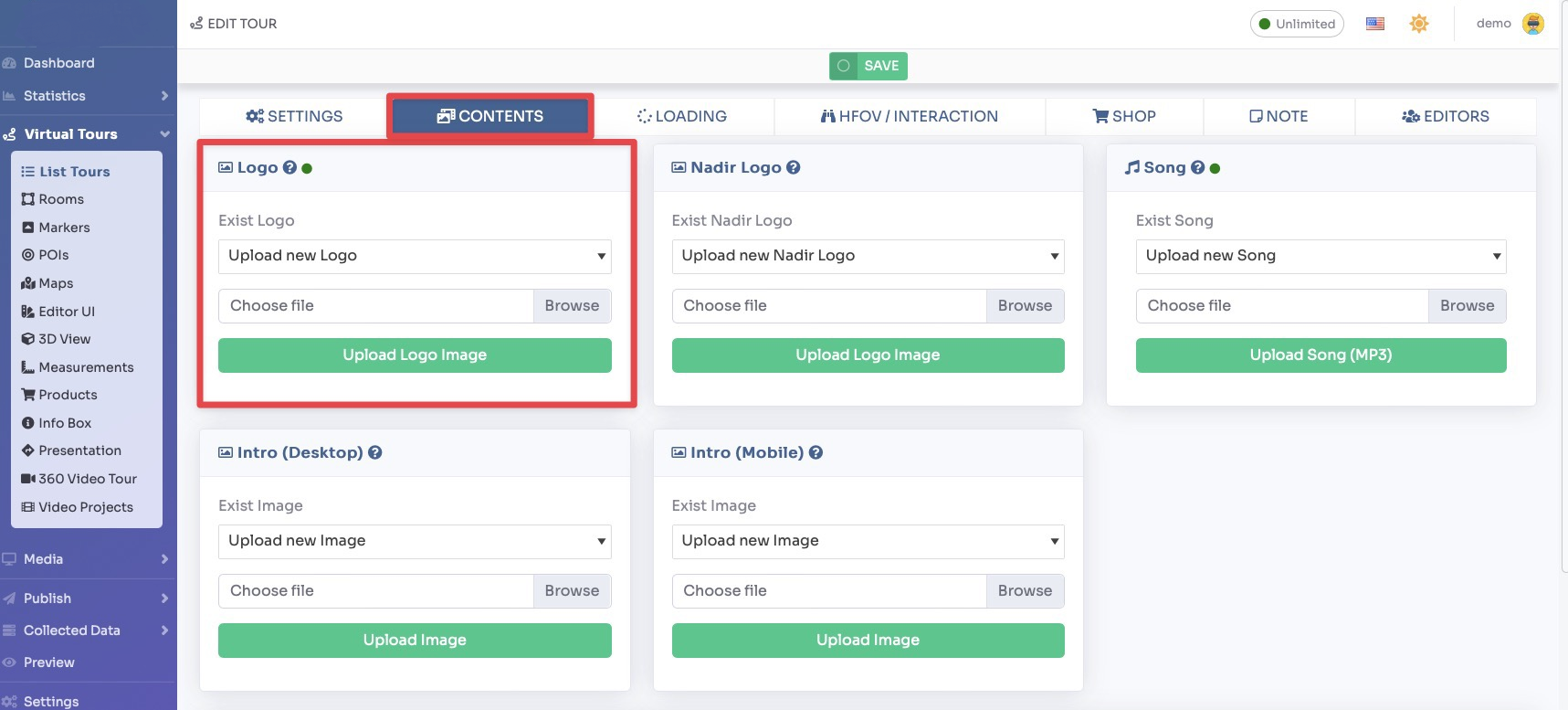 Tour settings - Content / Logo tab
