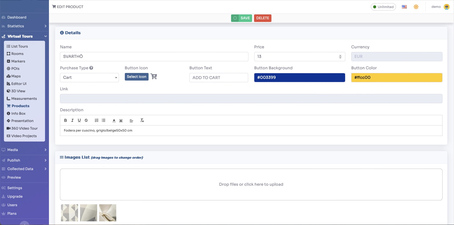 Product editing page - change description and add images