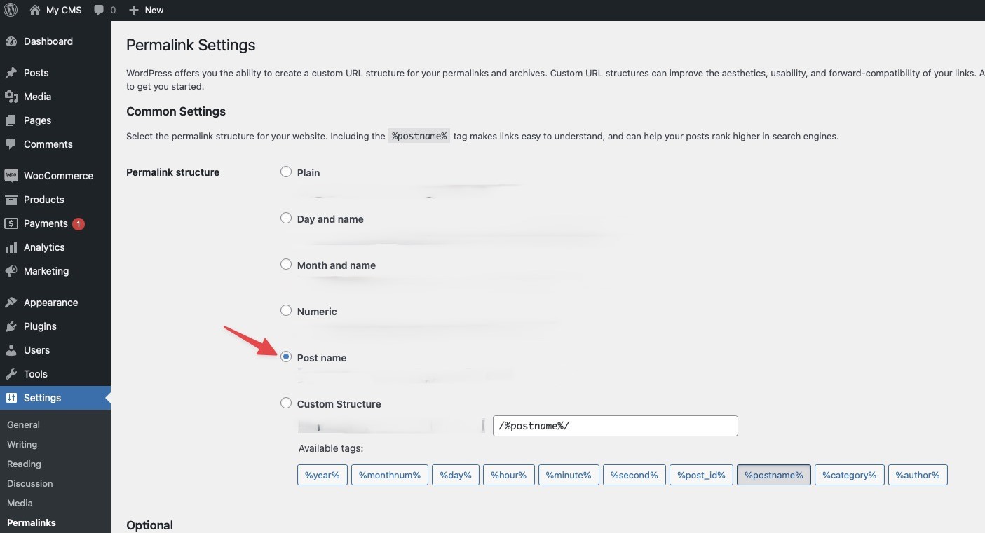 WordPress Permalinks settings - set Post name structure