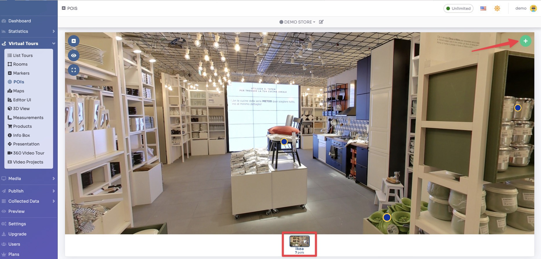 POIs - select room and click + button top right
