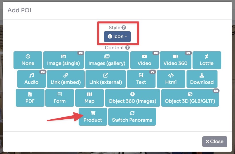 POI style selector - choose Product as content type