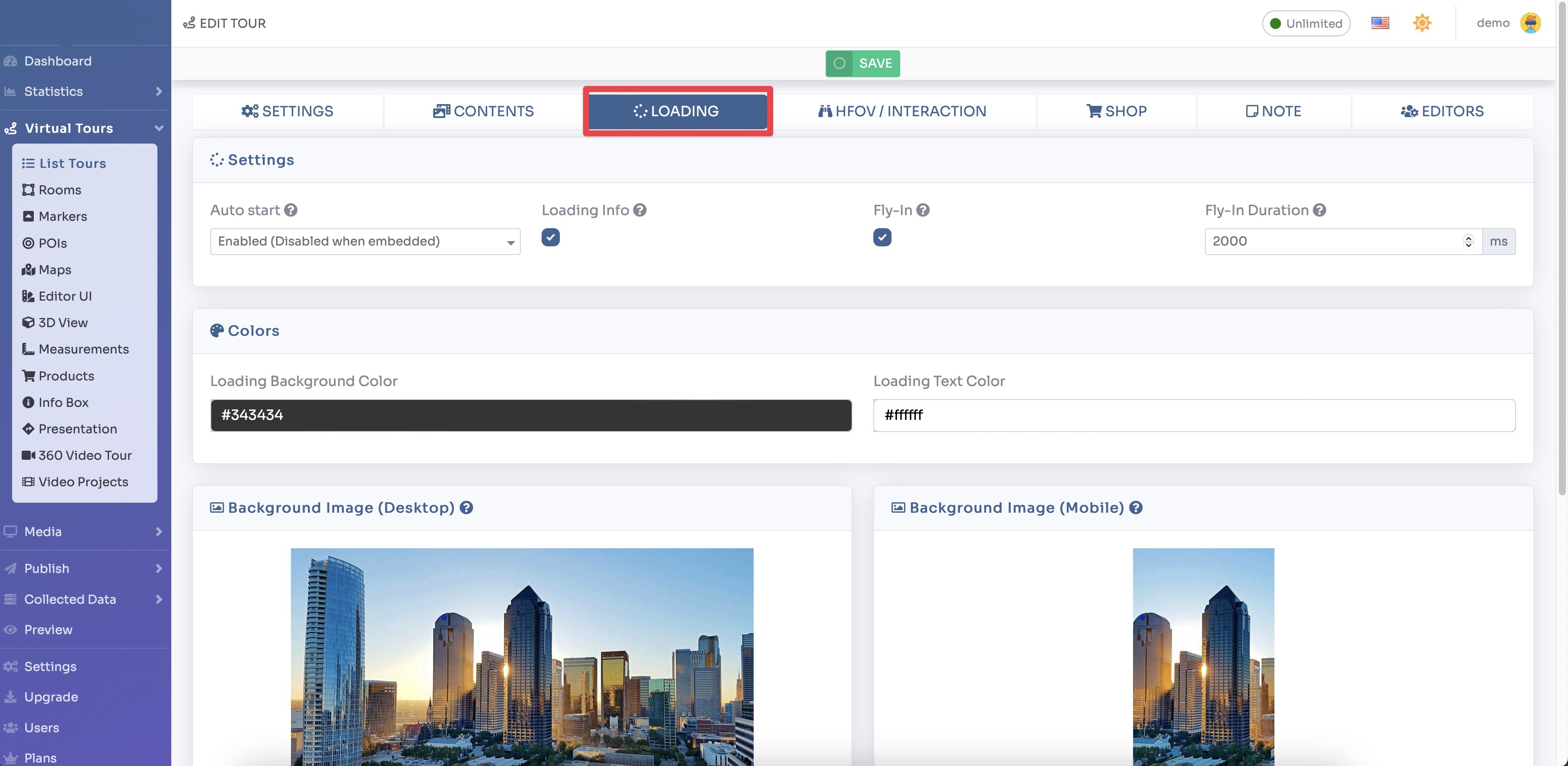 Tour settings - Loading tab