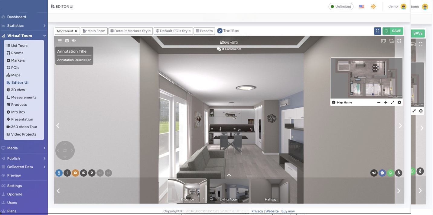 Editor UI overview showing all tour UI elements