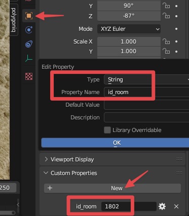 Blender custom properties - create id_room string property with room ID