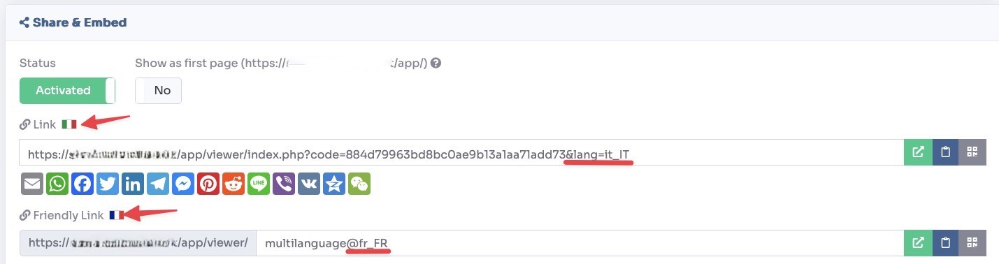 Publish section showing different links per language