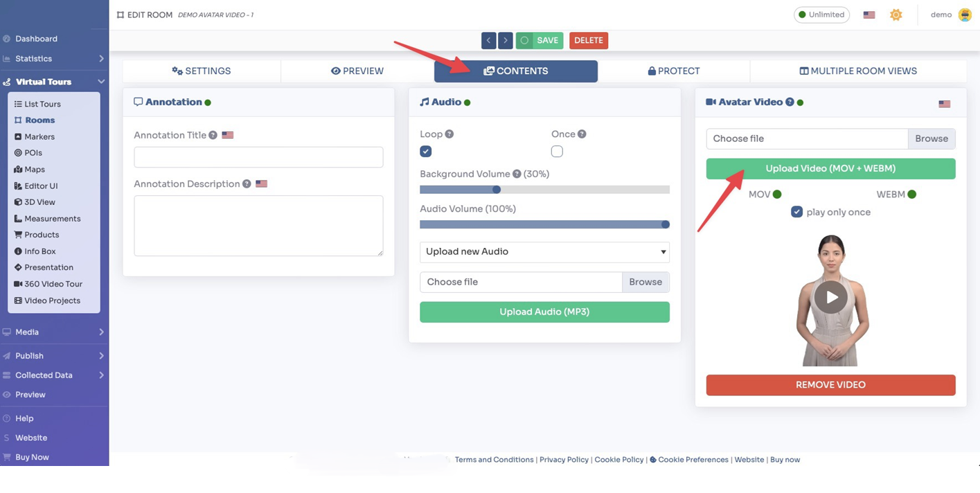 Room Contents / Avatar Video tab