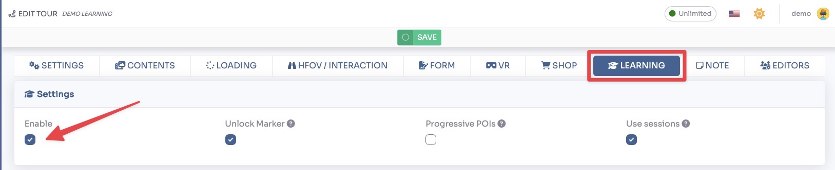 Learning tab - Enable checkbox